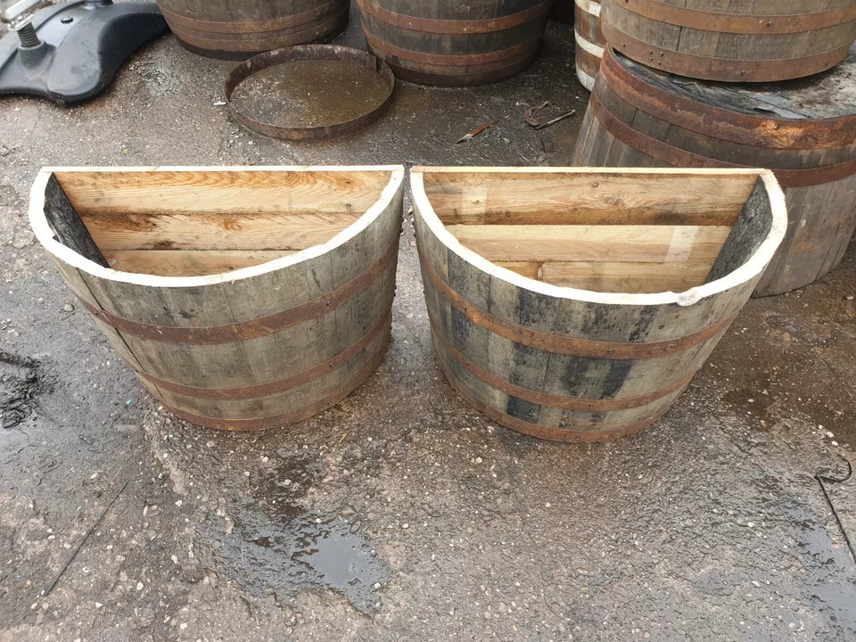 Genuine whisky barrel planter flat back plants shrubs flowers roses veg Oak by Garden Crafty Barrel