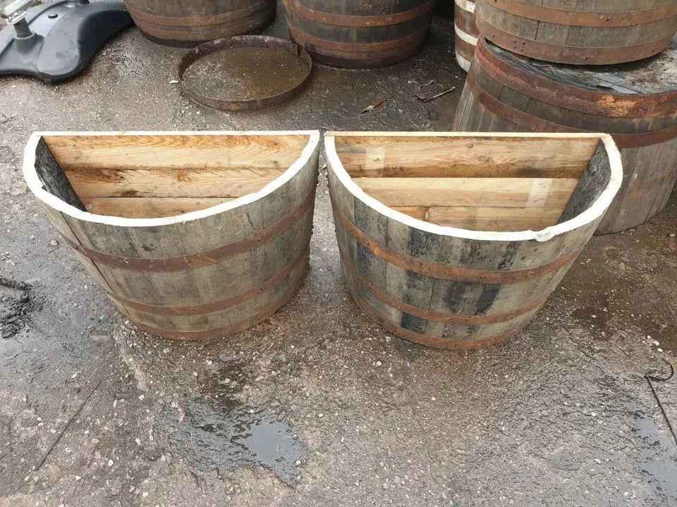 Genuine whisky barrel planter flat back plants shrubs flowers roses veg Oak by Garden Crafty Barrel