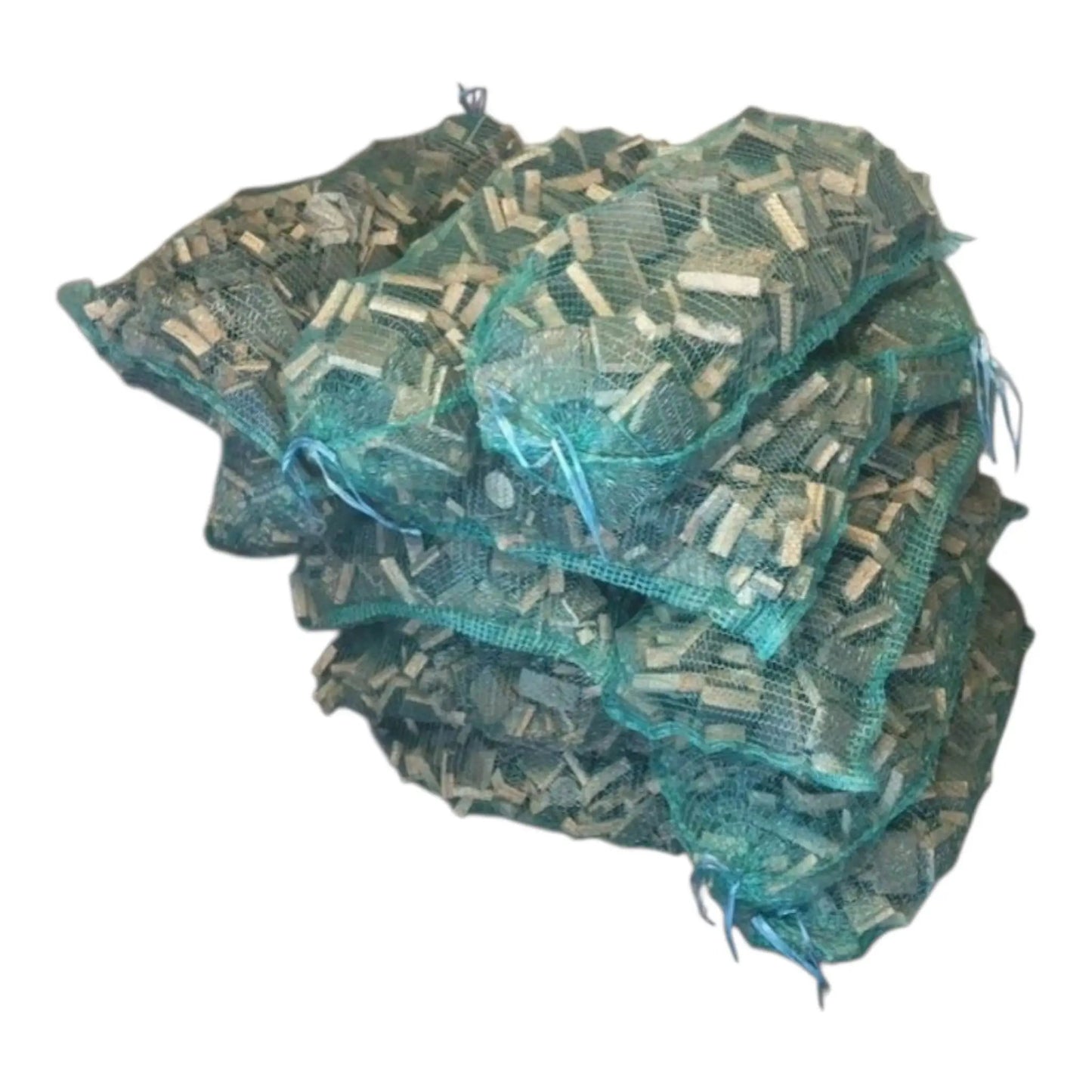 Whisky barrel firewood chunks in blue mesh bags; multiple bags of reclaimed oak by Garden Crafty Barrel