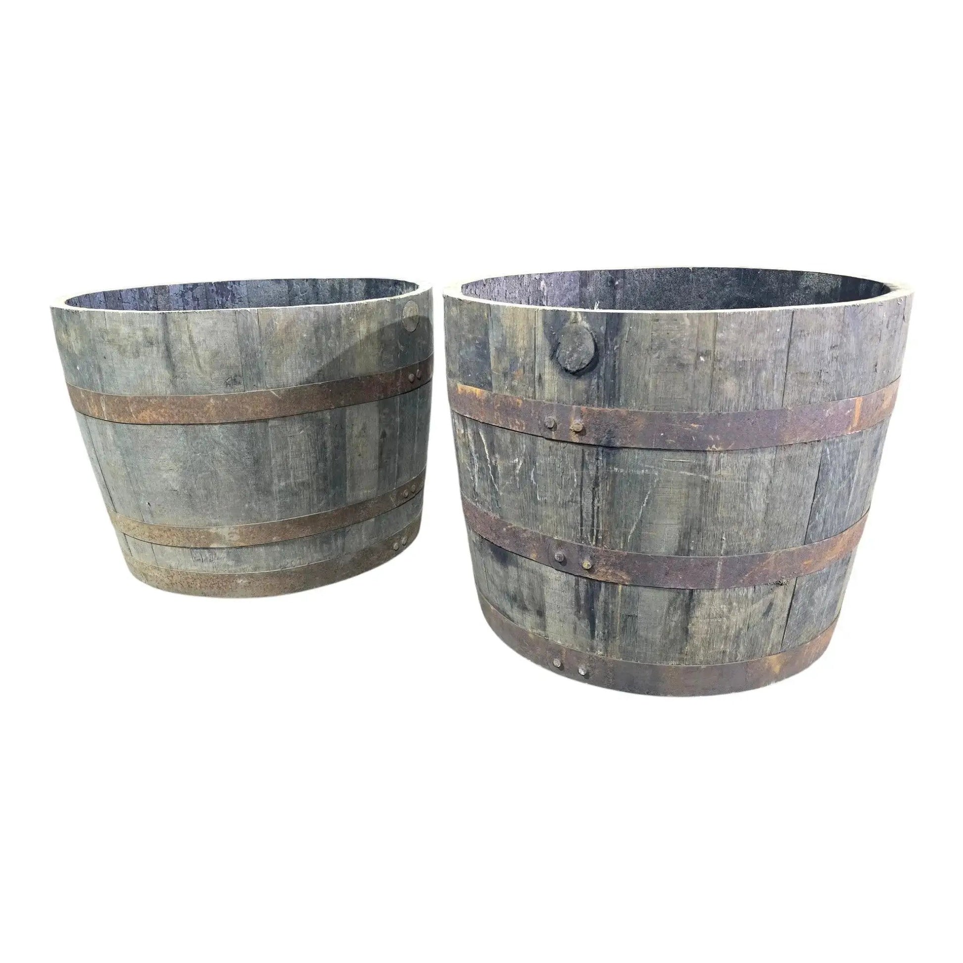 Large oak reclaimed whisky barrel planters, two weathered outdoor garden pots.