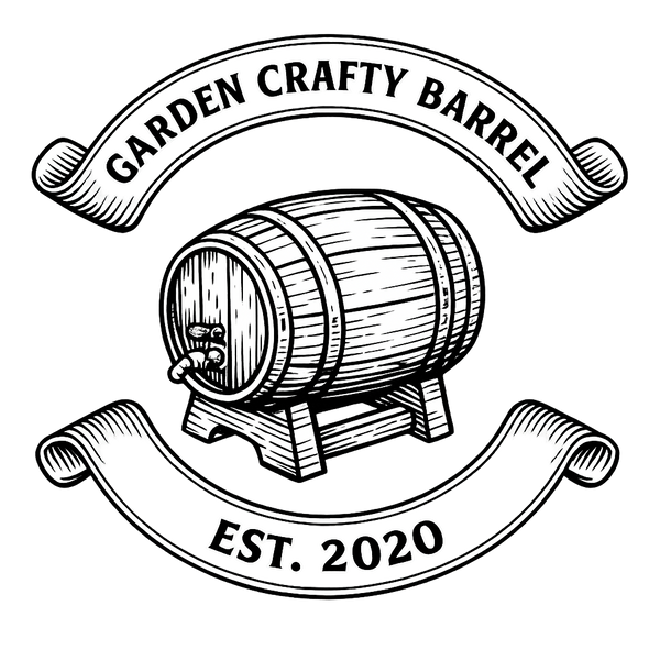 Garden Crafty Barrel logo featuring a wooden whisky barrel with spigot, EST. 2020, vintage scroll banners