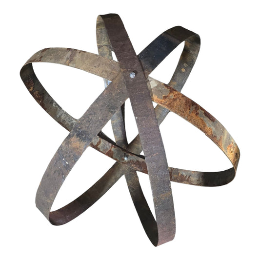 Garden metal sphere sculpture made from reclaimed whisky barrel hoops
