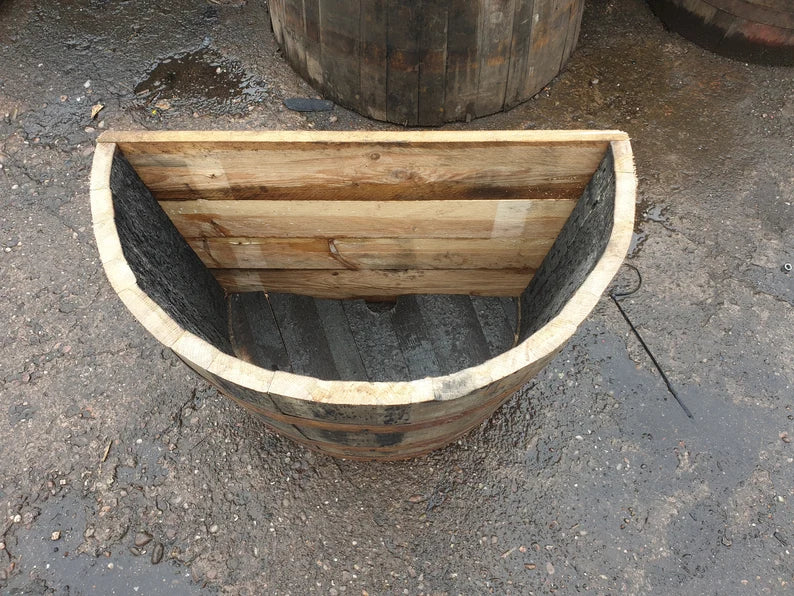 Genuine whisky barrel planter flat back plants shrubs flowers roses veg Oak by Garden Crafty Barrel