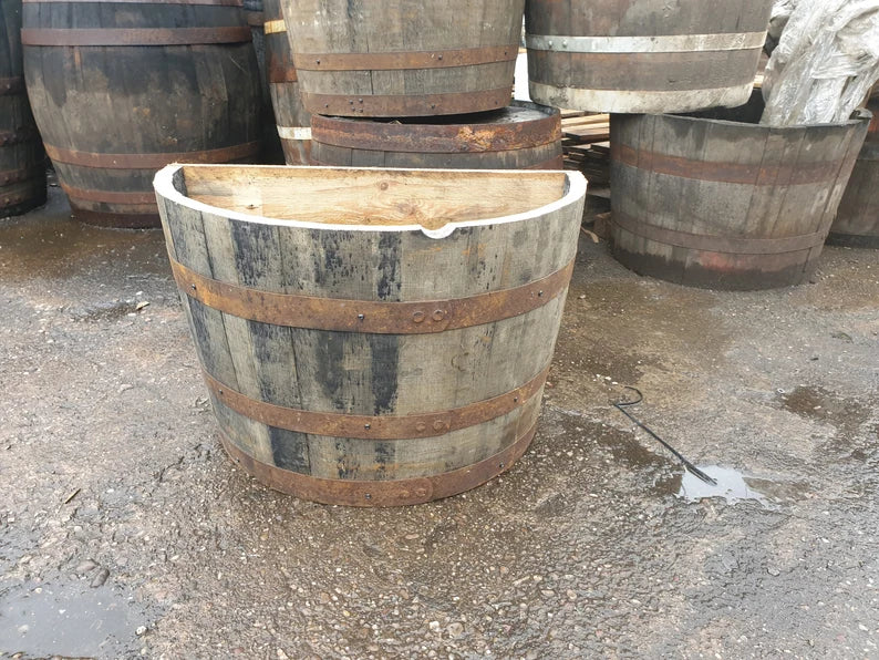 Genuine whisky barrel planter flat back plants shrubs flowers roses veg Oak by Garden Crafty Barrel