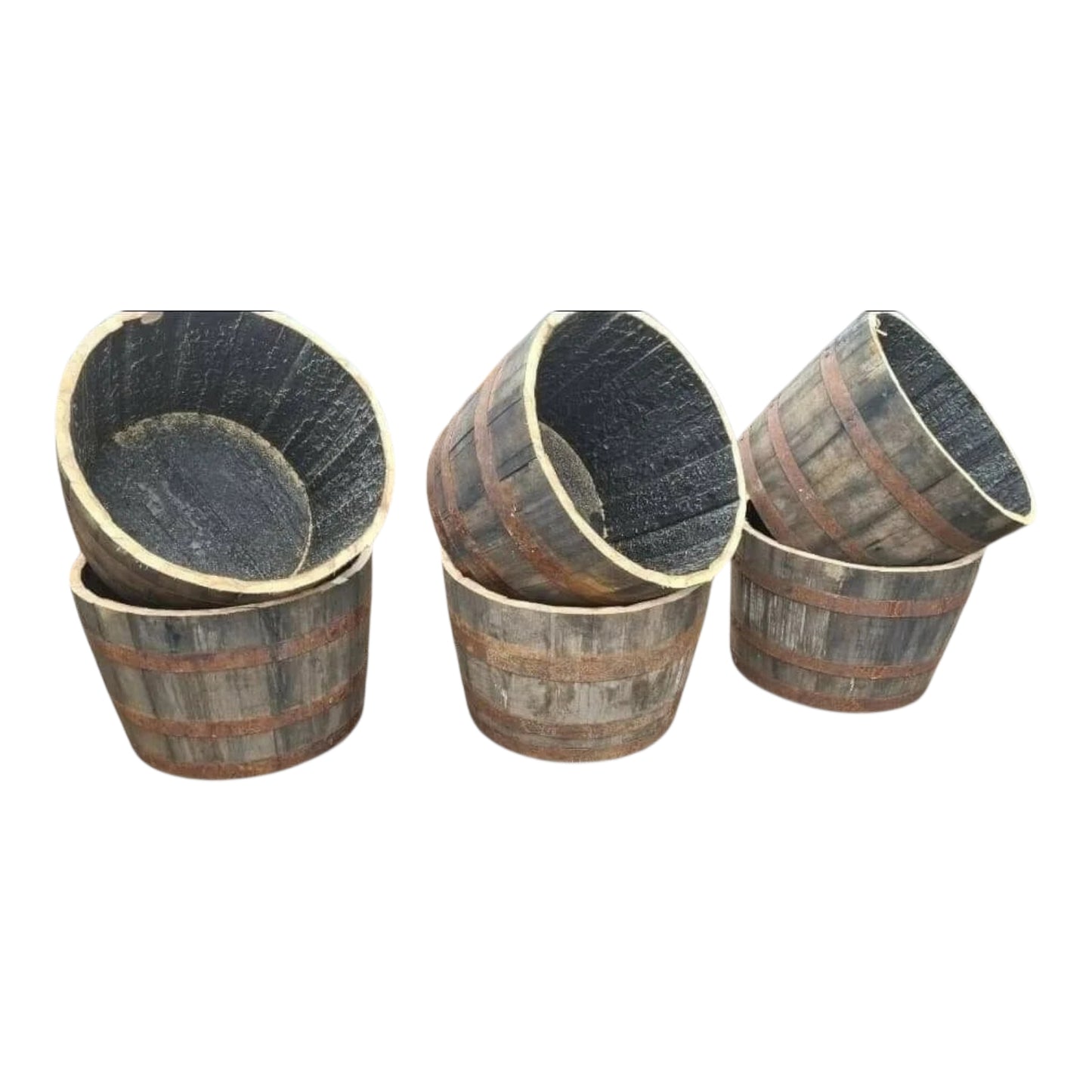 Half whisky barrel planter made from reclaimed oak wood for garden use