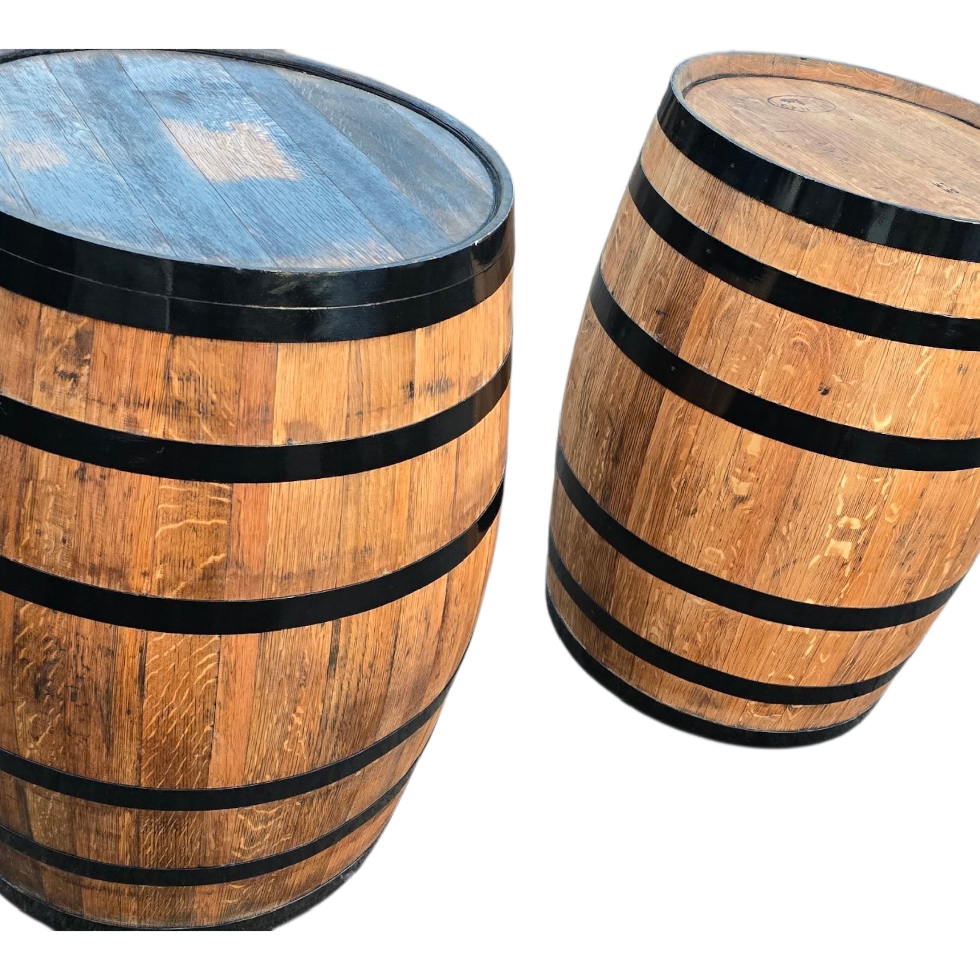 Full Size Reclaimed Oak Whisky Barrel Bar Table – Sanded & Varnished Rustic Barrel Furniture by Garden Crafty Barrel