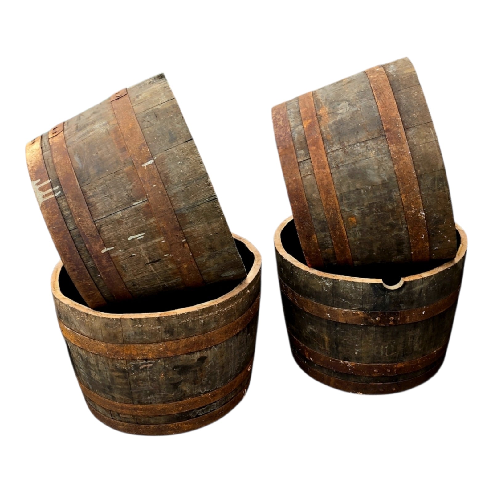 Half whisky barrel planter made from reclaimed oak wood for garden use