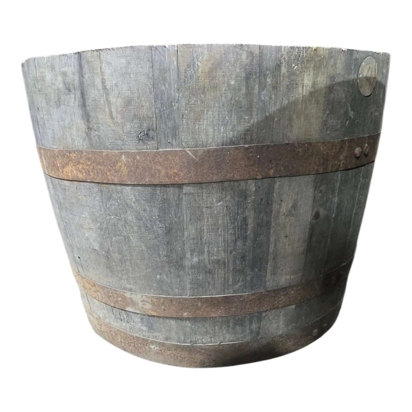 Large oak reclaimed whisky barrel planter pot, weathered grey wood, 50cm.