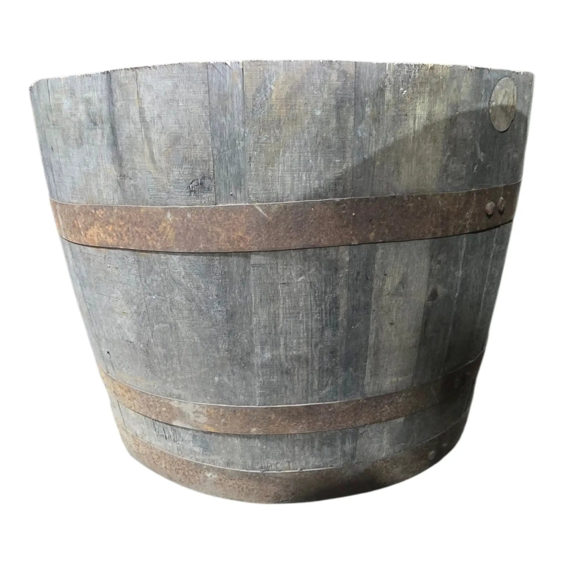 Large oak reclaimed whisky barrel planter pot, weathered grey wood, 50cm.
