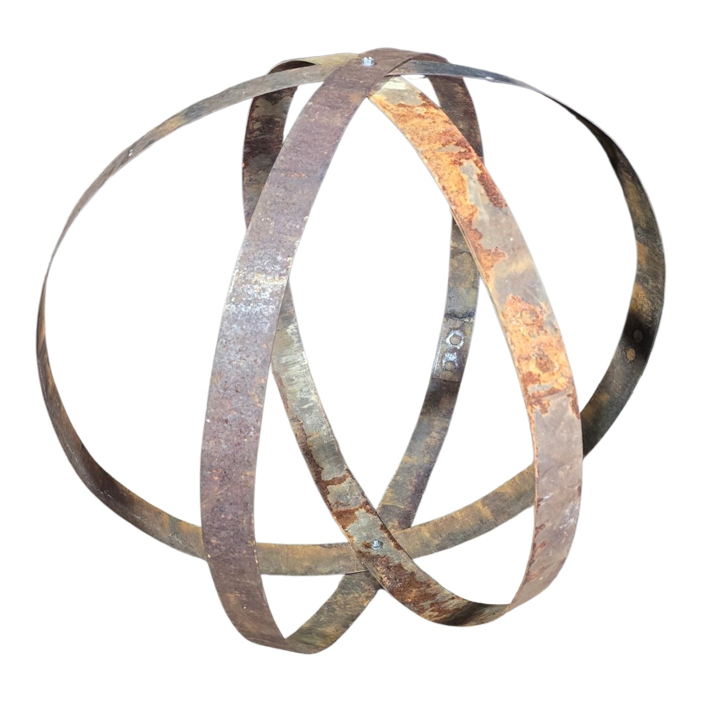 Rustic outdoor metal garden sphere with natural rust finish